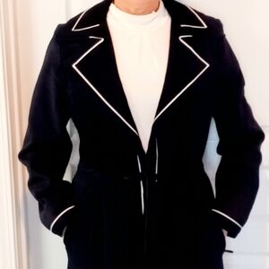 Luxurious Navy Blue Suede Coat With White Leather Piping Fits Sizes 8, 10